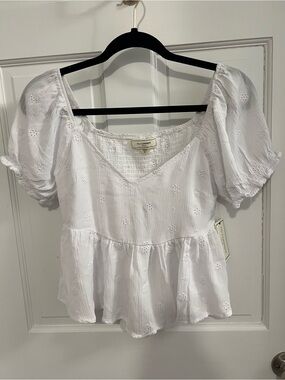 No Comment White Eyelet Puff-Sleeve Peplum Top